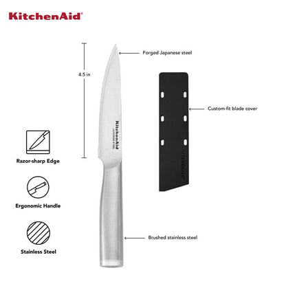 KitchenAid Gourmet Forged Stainless Steel Fine-Edge Utility Knife with Custom-Fit Blade Cover, 4.5-inch, Sharp Kitchen Knife, Japanese Steel Blade, Brushed Stainless Steel Handle - style: 4.5-Inch Fine-Edge Utilty Knife