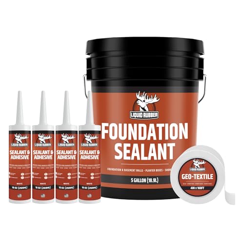 Liquid Rubber Basement and Foundation Repair Sealant - Waterproof Concrete Sealer & Crack Filler - Flexible Coating for Indoor & Outdoor Use - 5 Gallon Sealer, 10.2 oz Caulk 4 Pack, Geo Textile 4"x160 - size: 5 Gallon Kit