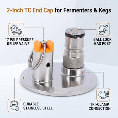 Stainless Steel Clamp End Cap 2 Inch TC Fitting with 17 PSI PRV and Lock Post for Fermenter Kegs
