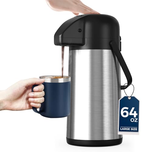 Coffee Carafe for Keeping Hot - Gezoss 64OZ / 1.9L Airpot Coffee Dispenser with Pump - Large Coffee Carafe for Hot Drinks Tea Liquid - Insulated Stainless Steel Hot Water Beverage Urn for Parties - color: Stainless Steel, size: 64 Ounces