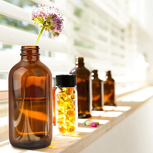 PINIWON 12 Pack 8 oz Amber Glass Bottles, 240ml Boston Round Sample Bottles with Black Poly Cone Caps, Labels and Funnels - color: Amber-12 pack