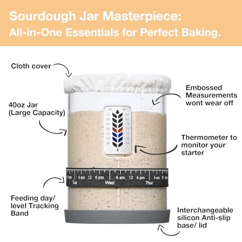 Premium Pro Sourdough Starter Jar Kit - 40oz Large Wide Mouth Sourdough Bread Jar with Marked Feeding Band, Thermometer, Scraper, Cloth Cover and Silicone Lid/Base, Glass Container, Baking Supplies