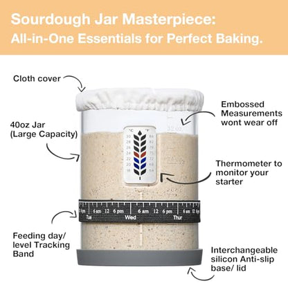 Premium Pro Sourdough Starter Jar Kit - 40oz Large Wide Mouth Sourdough Bread Jar with Marked Feeding Band, Thermometer, Scraper, Cloth Cover and Silicone Lid/Base, Glass Container, Baking Supplies