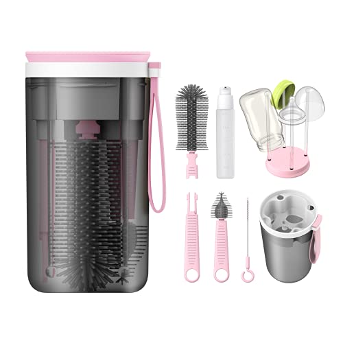 YOTIME Travel Bottle Brush Set, 6in1 Bottle Cleaning Kit with Silicone Bottle Brush, Nipple Cleaner Brush, Straw Brush, Soap Dispenser, Bottle Drying Rack and Storage Box, Pink - color: Pink