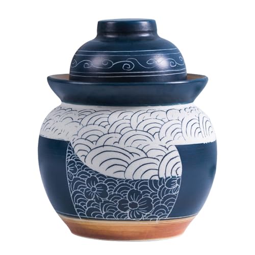 Traditional Chinese Porcelain Pickle Jar, Ceramic Fermenting Jar with Water Seal Airlock Lid, Turnip Kimchi Sauerkraut Fermentation Crock Pickling Pot(1.5kg, Blue) - color: Blue, size: 1.5kg