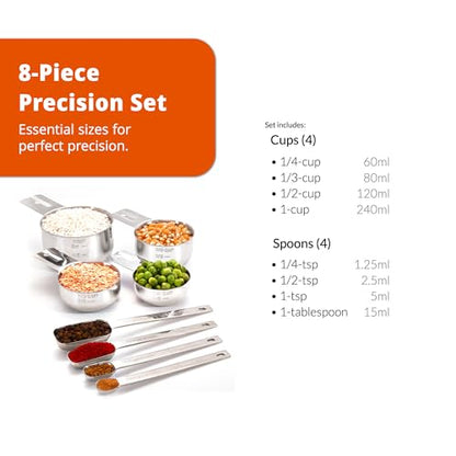 Premium 304 Stainless Steel Measuring Kit - 8-Piece Essential Cups and Spoons for Everyday Use, Stackable & Durable