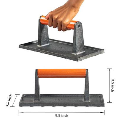 vivicreate Bacon Press, Griddle Press, Grill Press, Meat Press, cast Iron Grill Press, cast Iron Griddle, Iron Press, cast Iron Material with Wooden Handle - size: rectangle