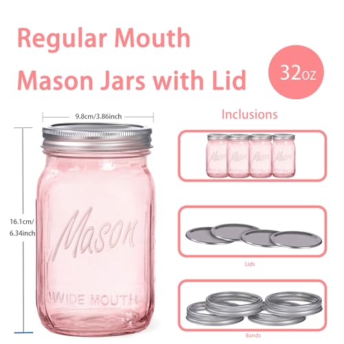 Rubtlamp Pink Mason jar 32 oz, 12 Pack Glass Jars - Wide Mouth Mason Jars with Airtight Lids for Pickling, Fermenting, Food Storage&DIY Crafts, Microwave & Dishwasher Safe - color: Pink