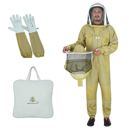 3-Layer Ultra Ventilated Mesh Beekeeping Suit for Men & Women with Veil Sting-Proof Bee Suit with Leather Gloves & Bag - color: Brown, size: Small