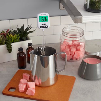 Taylor Programmable Digital Candy and Deep Fry Thermometer with Green Light Alert Display, Long Stem, and Adjustable Pan Clip, White - color: White