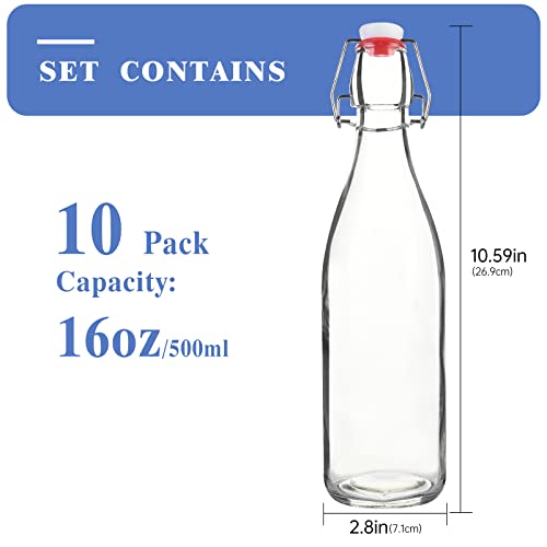 Clear Glass Bottle with Swinging Top for Airtight Lids, 16oz 10 Pack Beer Bottles with Flip Caps, Home Brewing and Fermentation Kombucha, Vanilla Extract, Beverage, Water, Kefir - size: 16 Ounces