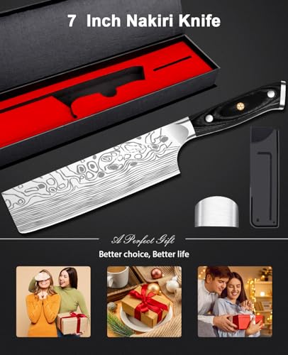 MOSFiATA 7” Nakiri Chef's Knife with Finger Guard, German High Carbon Stainless Steel EN1.4116 Vegetable Knife, Multipurpose Kitchen Knife with Micarta Handle in Gift Box - style: 7 inch Nakiri knife