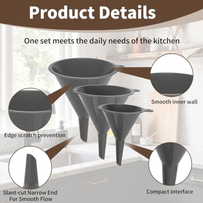 Plastic Kitchen Funnel Set, Round Food Grade Funnels for Kitchen Use Filling Bottles&Canning, Multifunctional Funnels Suitable for Cooking, Lab and Automotive Use, Grey(3 Steel Loops + 1 Clean Brush)