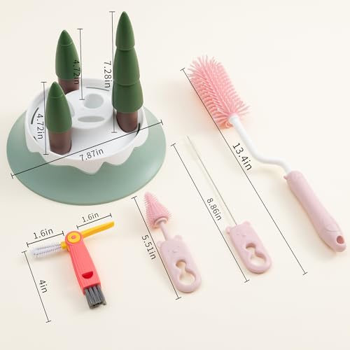 Chemimoso Baby Bottle Drying Rack and Cleaning Set, with Spinning Silicone Baby Bottle Brush, Pacifier Brush, Straw Brush, Cup Lid Cleaning Brush, 2025 Xmas Holiday Surprise Gift for Newmom, Pink - style: Set, Pink