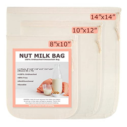 Nut Milk Bags, All Natural Cheesecloth Bags, 8"x10", 10''x12, 14''x14'', 3 Pack, 100% Unbleached Cotton Cloth Bags for Yogurt/Juice/Herbs, Washable Reusable Almond Milk Strainer(Weave 66x70)
