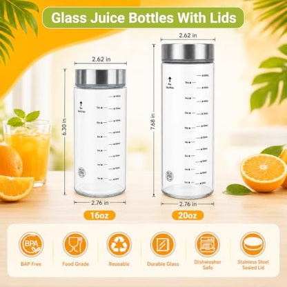 20oz Reusable Glass Juice Bottles with Lids, Wide Mouth, BPA-Free | Leak-Proof Clear Water Bottle for Juicing, Smoothie, Meal Prep | Capacity Markings, Brush Included, Dishwasher Safe | 4pcs - color: Clear-4 Pack, size: 20 Ounces