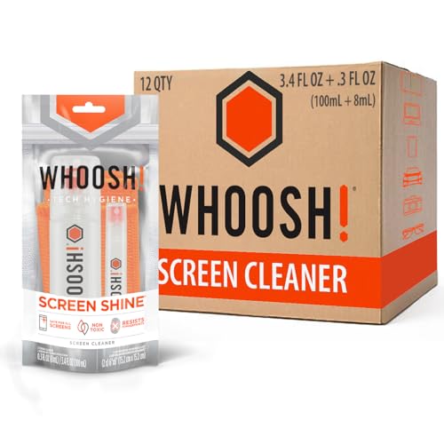 WHOOSH! Laptop Screen Cleaner Spray and Wipe [Set of 12] - 3.4 + 0.3 fl oz + 2 Microfiber Cloths - Duo with Large & Travel Size Bottles for Eyeglass Cleaner & Car Screen Cleaner- iPhone Cleaning Kit - size: 3.7 Fl Oz (Pack of 12)
