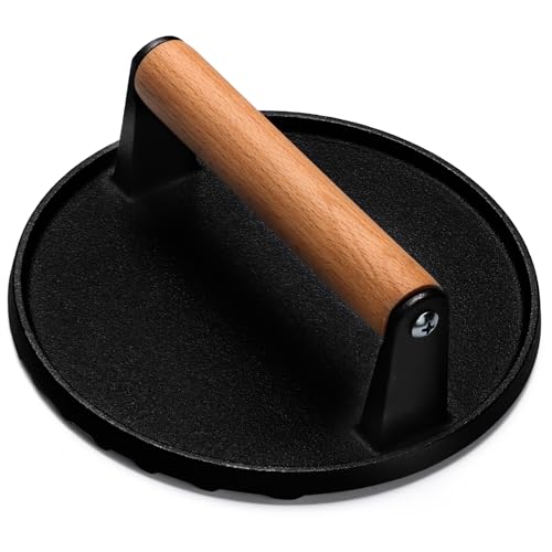 EWFEN Burger Press, 7" Round Heavy-Duty Cast Iron Smash Bacon Press Meat Steak with Wood Handle for Griddle, Sandwich, Nonstick Pan - size: Round