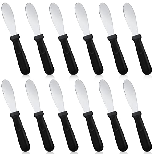 12 Pcs Butter Spreader Knives Wide Blade Stainless Steel Cheese Spreader Knife Black Plastic Handle Slicing or Spreading Knife for Slicing Bread Cream Sandwich Condiment Kitchen 9.1 Inch