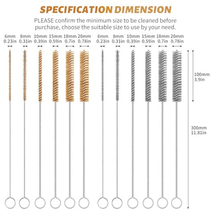 12-Pieces Brass Wire Brush Stainless Steel Wire Brush Set 12" Long Pipe Cleaners Parts Cleaning Brush Metal Brush for Cleaning Tubes, Cylinders, Bottle, Auto Parts (6mm/8mm/10mm/15mm/18mm/20mm)