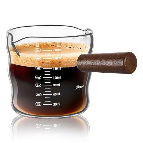 Joeyan Espresso Measuring Cup, Espresso Shot Cups, Glass Measuring Cup with Double Spouts and Wood Handle, Wave Shaped Triple Pitcher Milk Cup, Borosilicate Clear Coffee Bar Accessories, 9 oz - color: Clear wavy espresso cup- double spouts