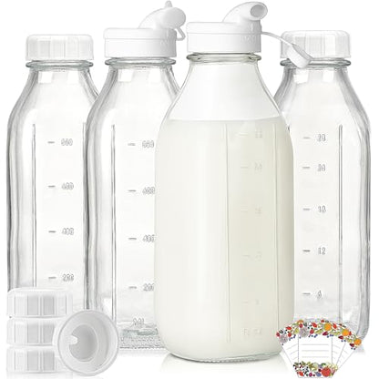 4 Pack 1 Liter Glass Milk Bottles w Scale, 100% Airtight Heavy Duty Screw Lid - 32 Oz Drinking Jars w 2 Pour Spouts - Glass Bottles for Milk, Honey, Jam, Creamer - Dishwasher Safe(Extra 2 Lids) - style: Milk Bottle-4pack