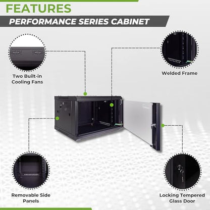 NavePoint 6U Server Cabinet Wall Mount Rack Enclosure Includes 2 Fans, Locking Glass Door, Removable Side Panels – 6U Network Cabinet 17.7” Deep, 19 Inch Server Rack for IT and A/V Equipment - size: 6U - 450mm Depth