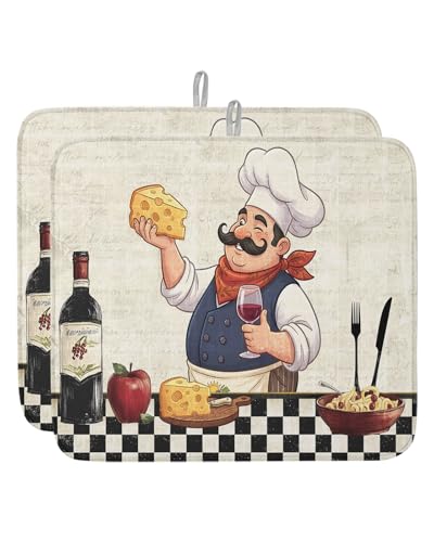 Dish Drying Mat for Kitchen Counter,Smiling Chef Cheese Wine Absorbent Microfiber Drainer Rack Pad Retro Kitchen Art Quick Dry Mat for Sinks Dishes Utensils 16x18in,2 Pack - size: 16x18inx2pcs