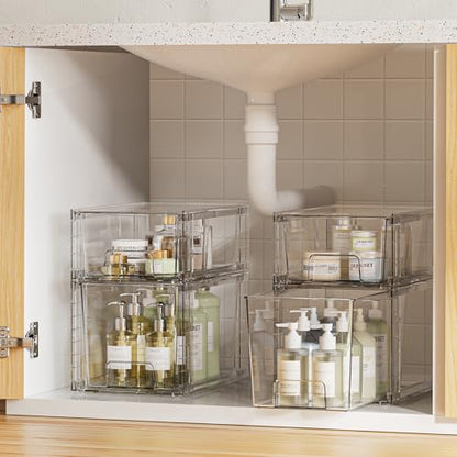 Vtopmart 8 Pack Clear Stackable Cabinet Organizers with Pull-Out Drawers, Clear Storage Drawers, 6 Medium and 2 Small for Under Sink, Pantry, Bathroom, Closet and Kitchen Storage - style: 6 Medium+2 Small