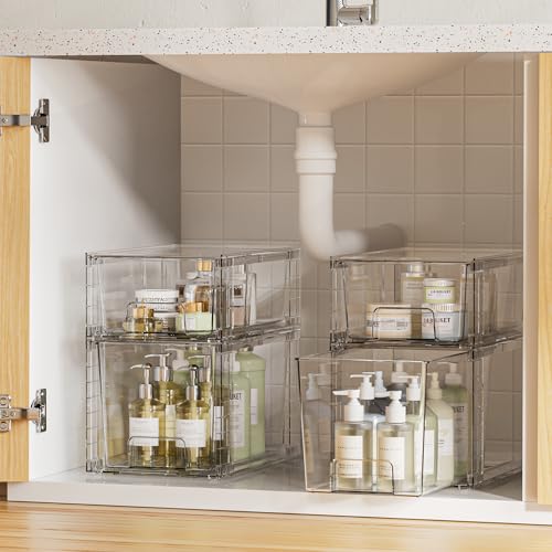 Vtopmart 8 Pack Clear Stackable Storage Drawers,Easy to Assemble Bathroom Organizers and Storage with handles,Plastic Drawers for Kitchen Pantry,Cabinet,Under Sink Organization - style: 4 Medium+4 Small
