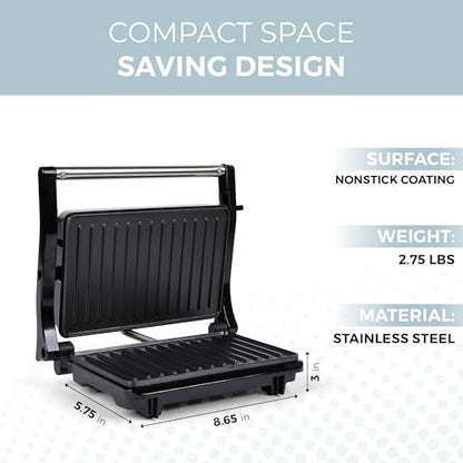 Alpha Living Electric Griddle Panini Press Sandwich Maker – Stainless Steel Panini Grill Press Sandwich Maker with Aluminum Griddle – Non-Stick Coating – 180-Degree Hinge for Thick and Thin Foods