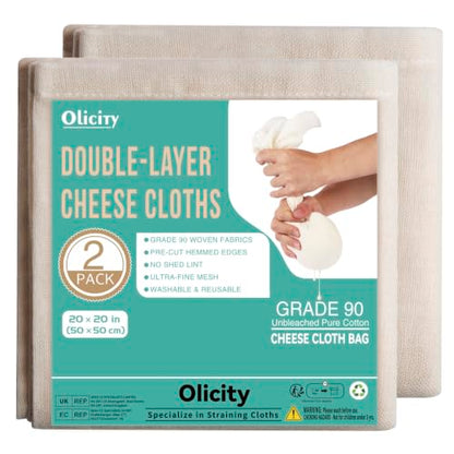 Olicity Cheese Cloths, 2Pack, Double-Layer, 20x20Inch, Reusable Grade 90 Cheese Cloth Bag for Straining, Hemmed Unbleached Cotton Precut Fine Mesh Muslin Cheesecloth for Juicing, Butter, Canning