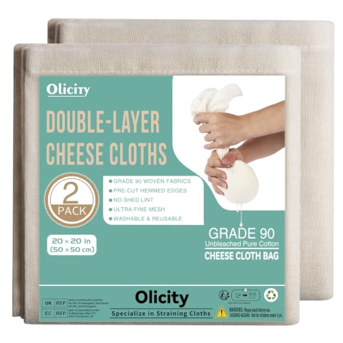 Olicity Cheese Cloths, 2Pack, Double-Layer, 20x20Inch, Reusable Grade 90 Cheese Cloth Bag for Straining, Hemmed Unbleached Cotton Precut Fine Mesh Muslin Cheesecloth for Juicing, Butter, Canning