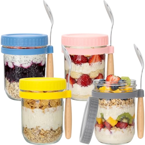 CycleMore 4-Pack 16 oz Overnight Oats Containers with Airtight Lids, Colorful Lids & Spoons, Wide Mouth Mason Jars, Glass Food Storage Containers for Snacks, Yogurt, Cereal, Fruit - size: 16oz - 4 Pack with Plastic Lid & Spoons