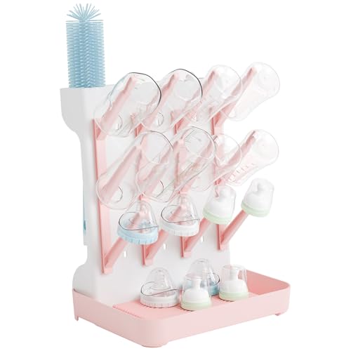 SuoXing Baby Bottle Drying Rack Space Saving,BPA Free Countertop Vertical Bottle Rack Dryer & Holder for Baby,Large Baby Bottle Station Organizer and Stand for Brushes,Pacifiers,Breast Pump,Dish,Pink - color: Pink