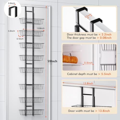 LUXEAR Over the Door Pantry Organizer, 8-Tier Adjustable Over the Door Hanging Spice Rack, No-Assembly Foldable Metal Over the Door Organizer for Kitchen, Home, Laundry Room, Bathroom - size: 8-Tier