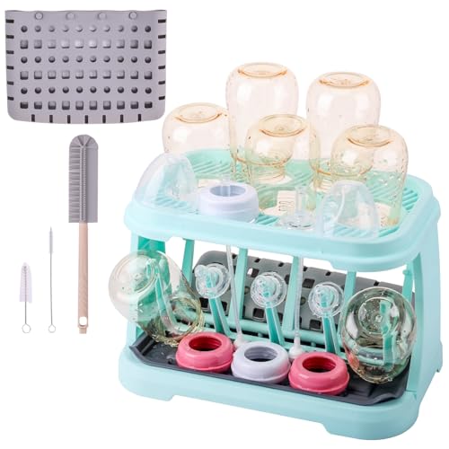 Baby Bottle Drying Rack with Brush & Dishwasher Basket - Space Saving Standing Drying Rack for Baby Bottles, Pump Parts & Accessories, Compact Organizer Holds Up to 8 Bottles (Blue) - color: Blue