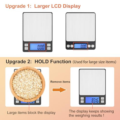 BOMATA 0.01g/1kg Upgraded Small Digital Scale, USB Rechargeable, with Larger Display and Hold,Tare Function, 9 Units, High Precision Digital Scale Grams and oz for Small Item, Kitchen…Grey - size: 0.01g/1kg GREY