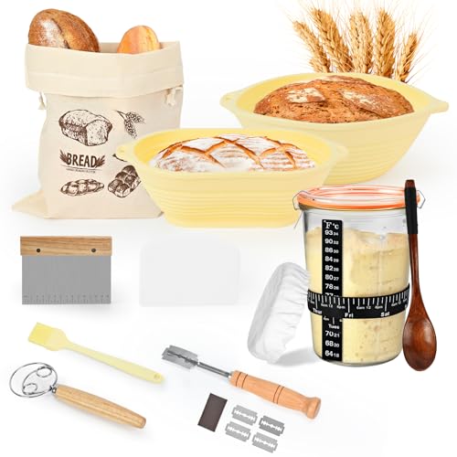 TOKPELA Sourdough Starter Kit 13Pcs Sourdough Bread Baking Supplies, Complete Bread Making Tools 9in Round & 10in Oval Silicone Banneton Proofing Basket Set with Sour dough Starter Jar - color: Sourdough Starter Kit