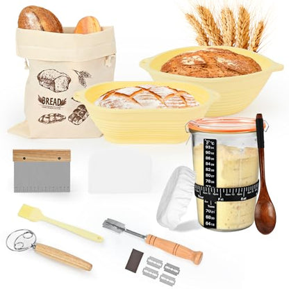 TOKPELA Sourdough Starter Kit 13Pcs Sourdough Bread Baking Supplies, Complete Bread Making Tools 9in Round & 10in Oval Silicone Banneton Proofing Basket Set with Sour dough Starter Jar - color: Sourdough Starter Kit
