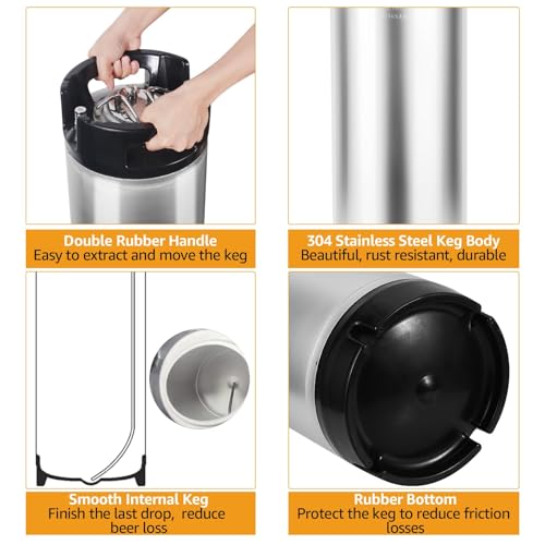 New 5 Gallon Ball Lock Keg, Cornelius Keg 304 Stainless Steel Corny Keg with Dual Rubber Handles & Heavy-Duty Rubber Bottom, Beer Keg for Home Brewing (19L) - size: 5 Gallon (Dual Rubber Handles)