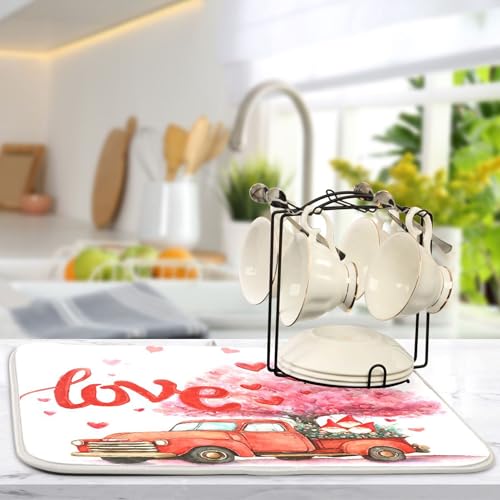 Valentine’s Day Love Tree Dish Drying Mat for Kitchen Countertop 18x24 Happy Valentines Day Gnomes White Large Drying Mat Reusable Quick Dry Dish Sink Mats Easy Clean Decorative Essentials - size: 18x24(in)x1