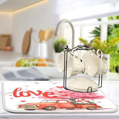 Valentine’s Day Love Tree Dish Drying Mat for Kitchen Countertop 16x18 Happy Valentines Day Gnomes White Small Drying Mat Reusable Quick Dry Dish Sink Mats Easy Clean Decorative Essentials - size: 16x18(in)x1