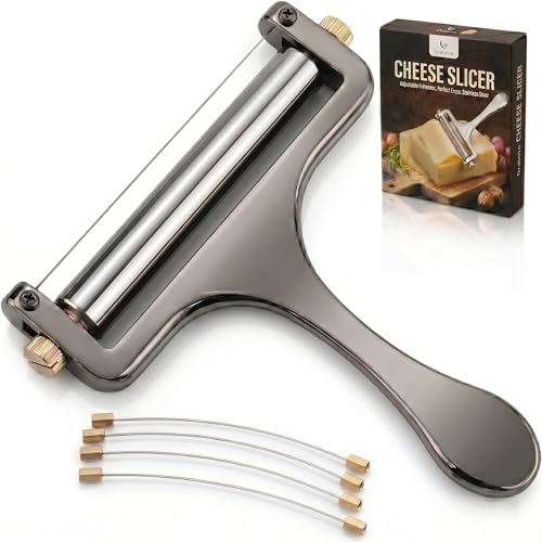 Wire Cheese Slicer for Block Cheese, with 2 Extra Wires, Adjustable Hand-Held Cheese Cutter for Mozzarella, Cheddar, Gruyere (Gunmetal) - color: Gunmetal with 4 Extra Wires