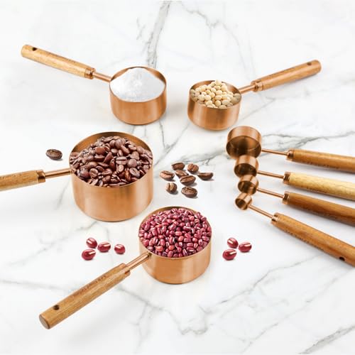 Copper Stainless Steel Measuring Cups and Spoons Set,8 Piece Measuring Cup Set with Wooden Handle and Metric and US Measurements，Copper Polished Finish，for Cooking and Baking in The Kitchen - color: Copper