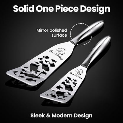 Gourmet Easy Fish Spatula Set, Ultra-Thin Edge Easy Flipping – Fish Edition | Stainless Steel, Kids Friendly, Ergonomic Non-Slip Grip for Secure Control, Versatile Use, Dishwasher Safe, 5-Year Warranty - color: Fish Edition