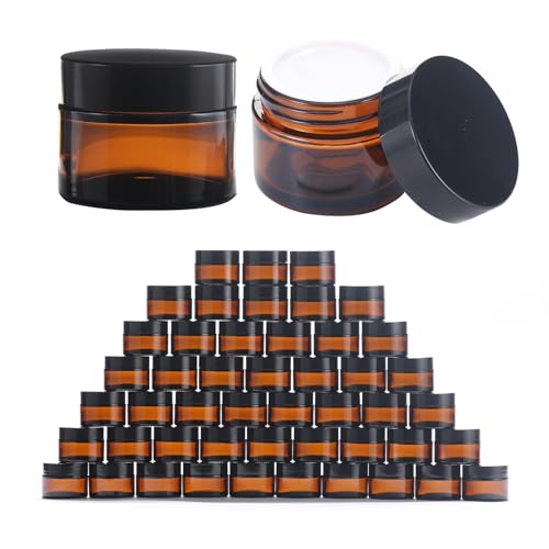 OverNews 2oz Amber Glass Jar Travel Size, 45PCS Empty Cosmetic Lotion Container with Black Lid & Spatula, Small Mini Jar for Beauty (Amber) - color: HAmber, size: 45