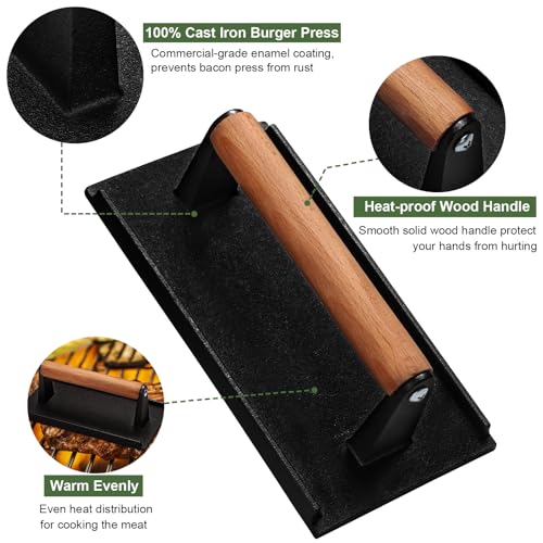 Burger Press, 7" Round & 8.2"X4.3" Rectangle Heavy-Duty Cast Iron Smash Bacon Press Meat Steak With Wood Handle for Griddle, Sandwich, Nonstick Pan - size: Round & Rectangle