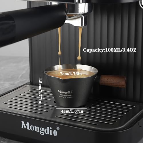 Mongdio Espresso Measuring Cup, Stainless Steel Espresso Shot Cups with Wooden Handle and Double Spouts, 3.4OZ/100ML, Black - color: Black, size: 3.4oz