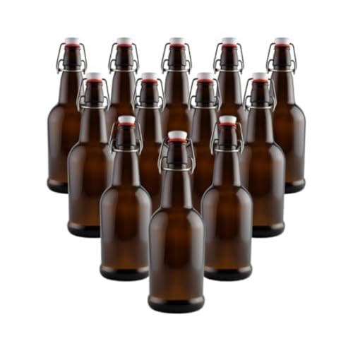 FastRack Swing Top Glass Bottles 16 oz – Pack of 12 | Amber Flip Top Glass Bottles with Airtight Lids | Resealable Grolsch-Style Fermentation Bottles for Kombucha, Beer, Mead, Soda, Vinegar & Water - color: Brown
